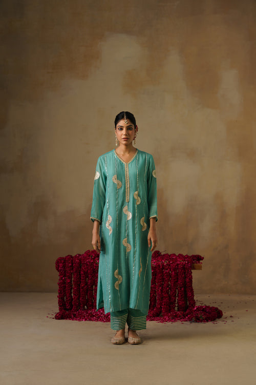 Mehekti Blue Gota Mul Chanderi Kurta Set