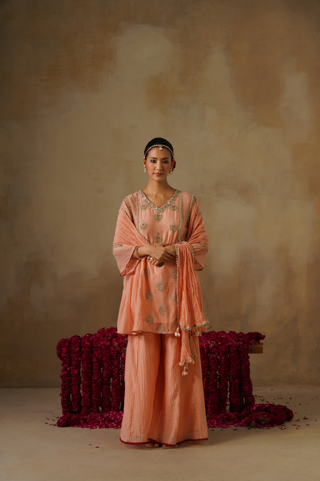 Mehekti Peach Mul Chanderi Sharara Set