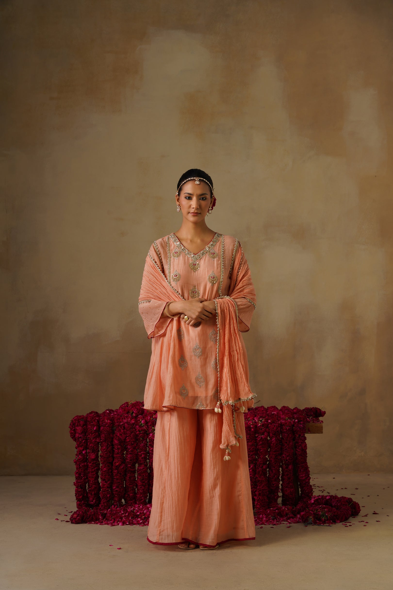 Mehekti Peach Mul Chanderi Sharara Set