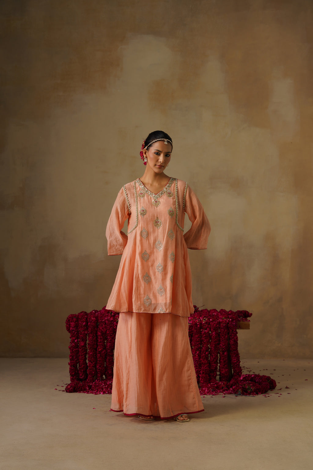 Mehekti Peach Mul Chanderi Sharara Set