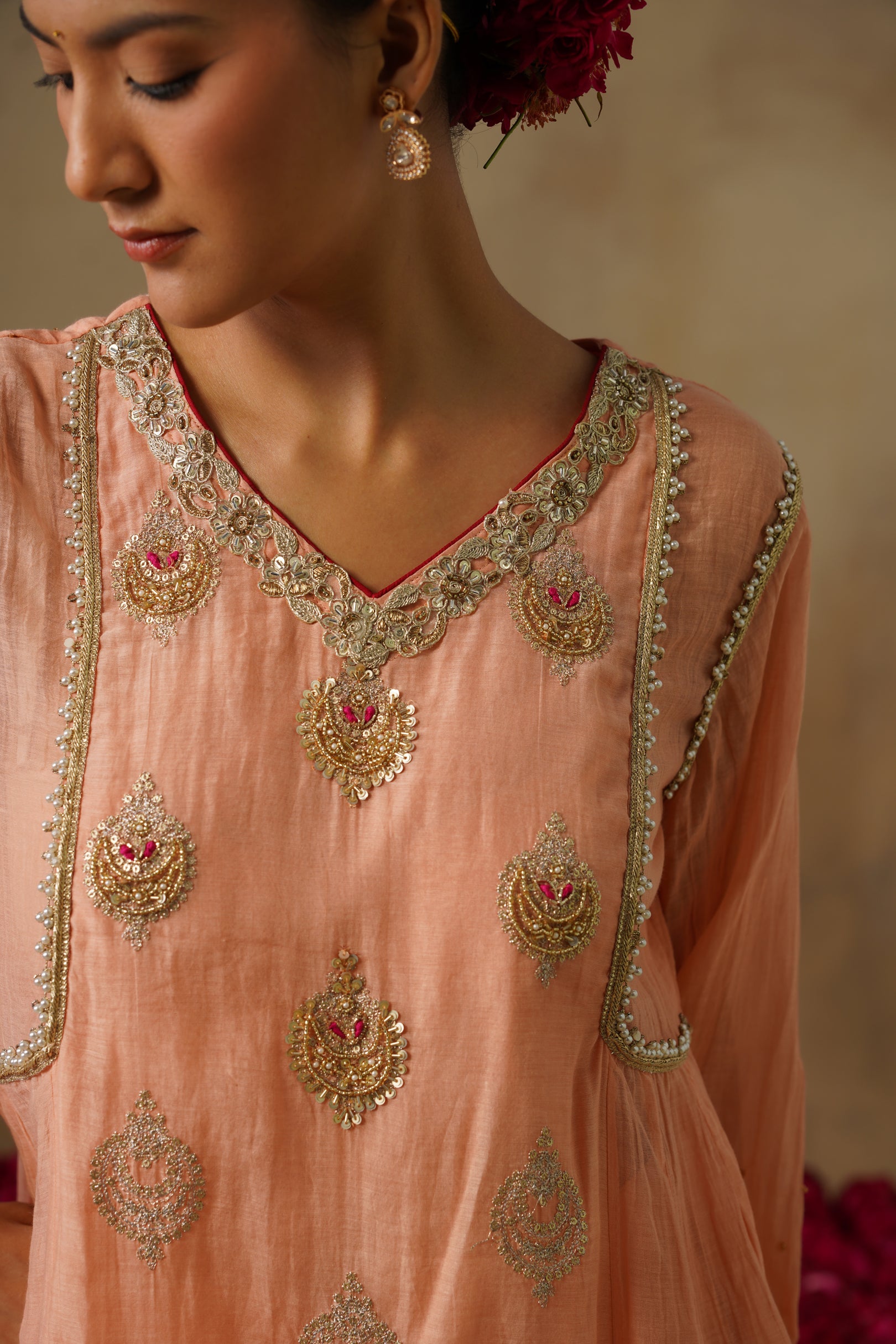 Mehekti Peach Mul Chanderi Sharara Set