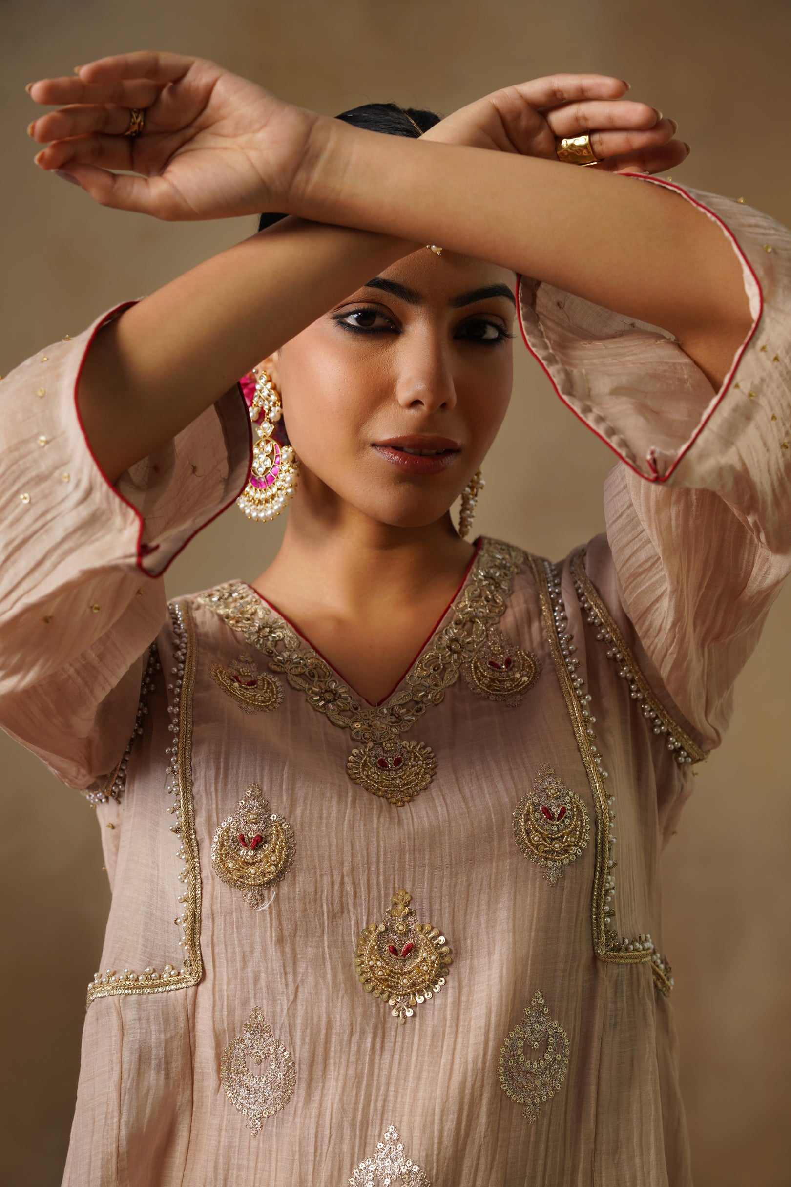 Mehekti Golden Brown Mul Chanderi Sharara Set