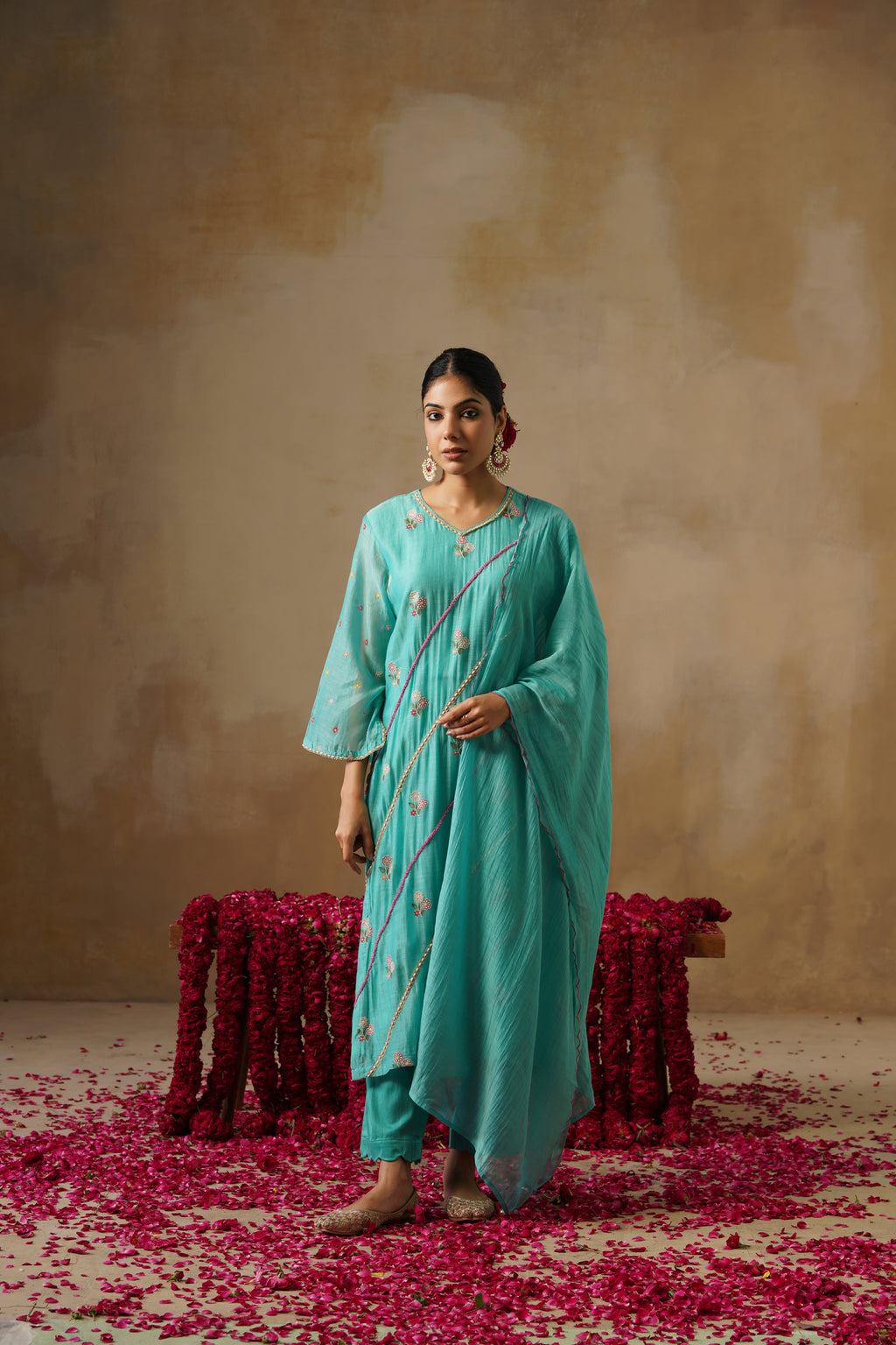 Mehekti Blue Pearl Work Mul Chanderi Set