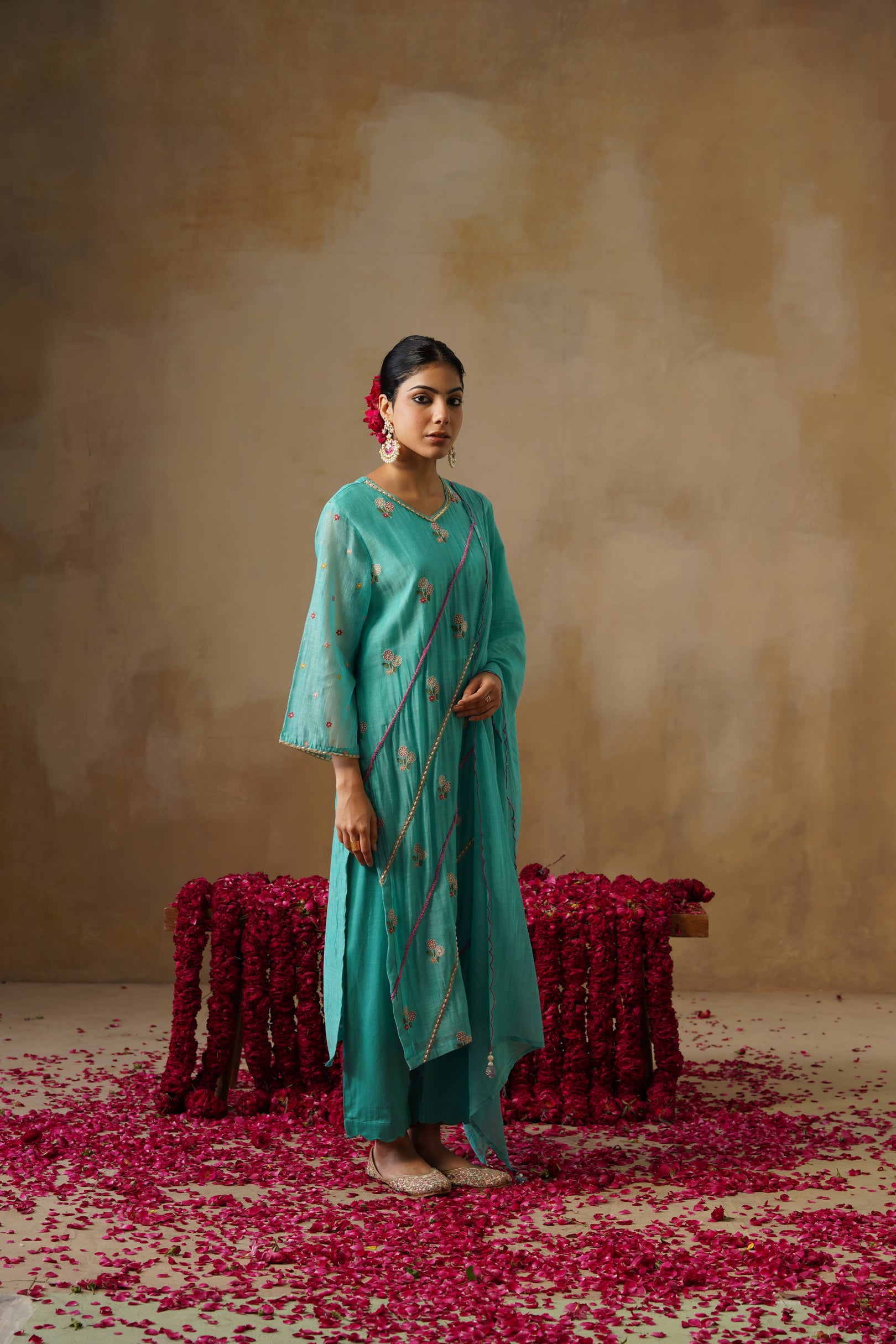 Mehekti Blue Pearl Work Mul Chanderi Set