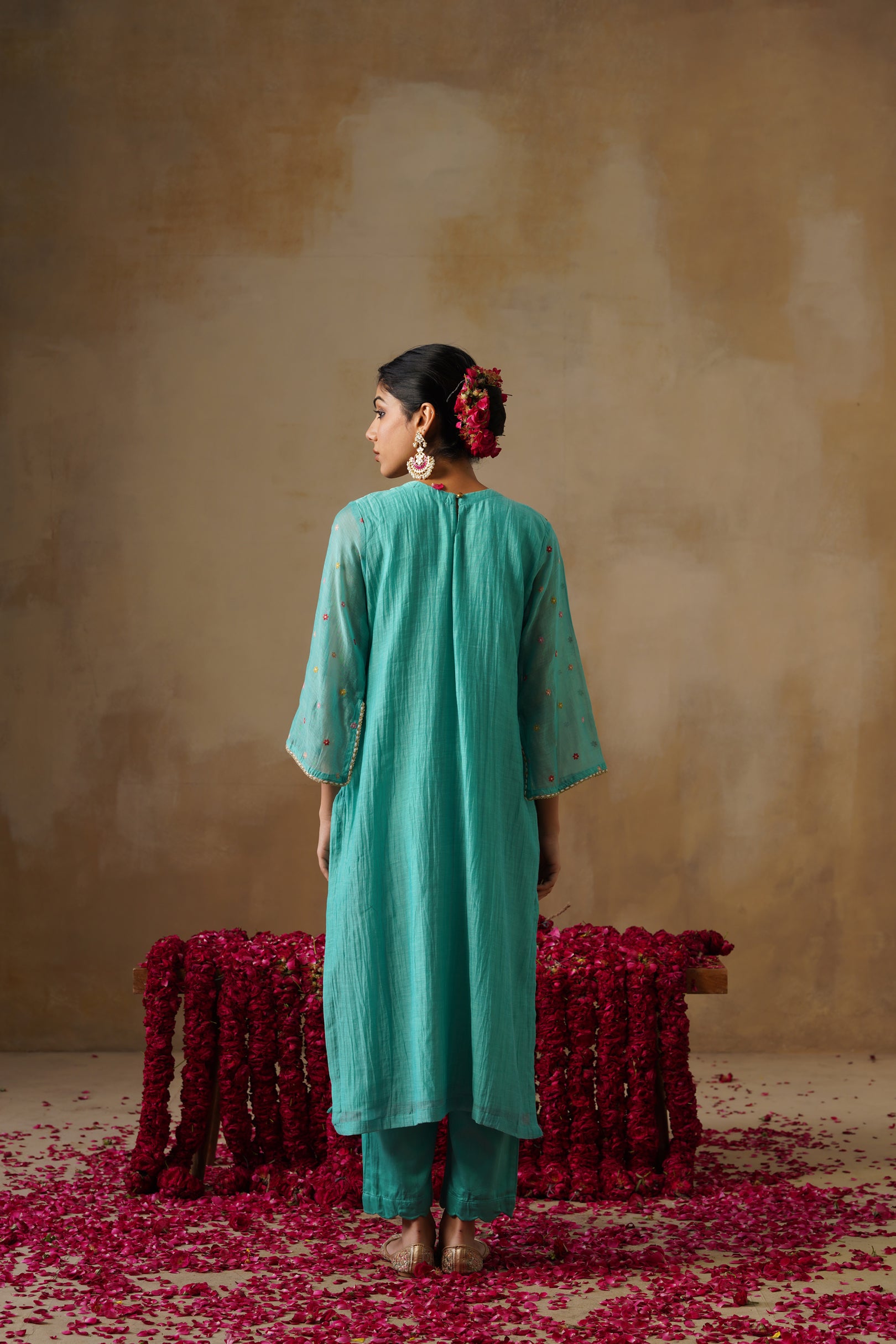 Mehekti Blue Pearl Work Mul Chanderi Set