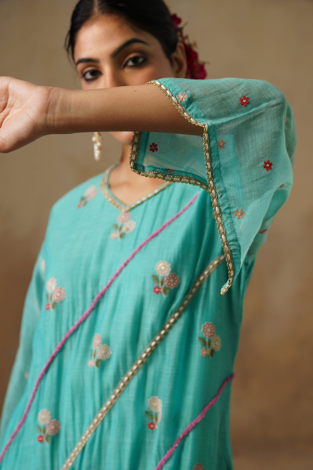 Mehekti Blue Pearl Work Mul Chanderi Set