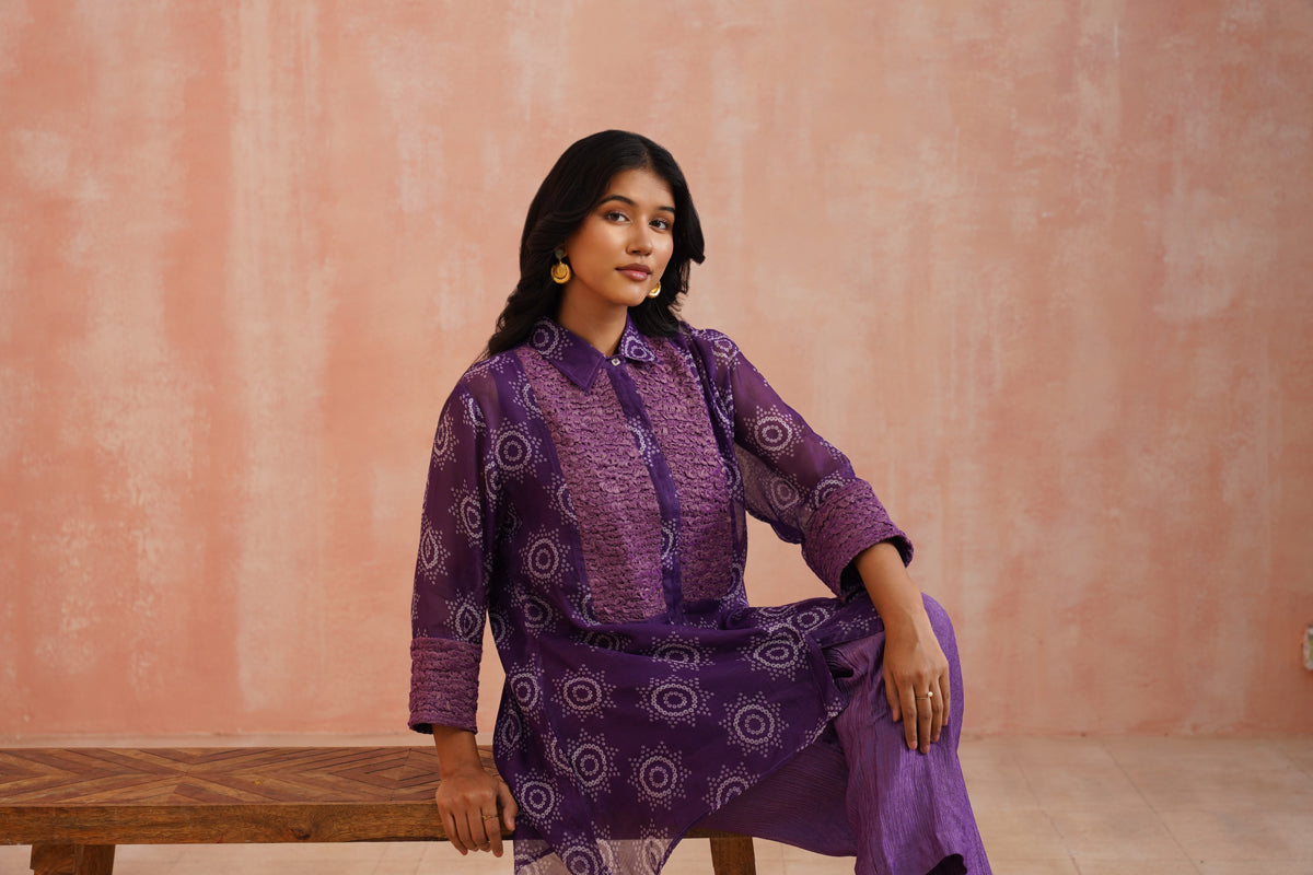 Purple Bandhej Dotted Set
