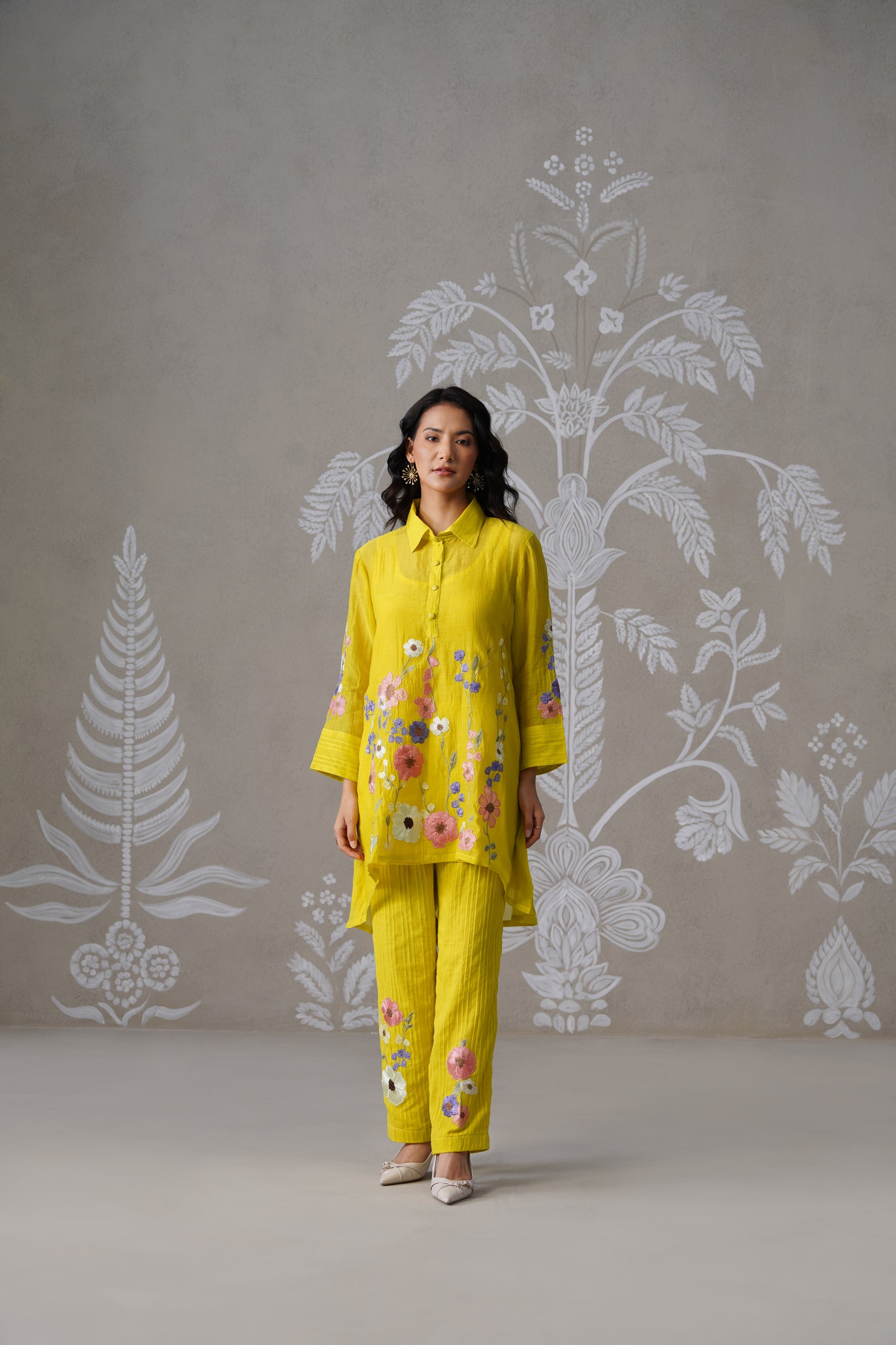 Meherban Lemon Mul Chanderi Applique Work Co-ord Set