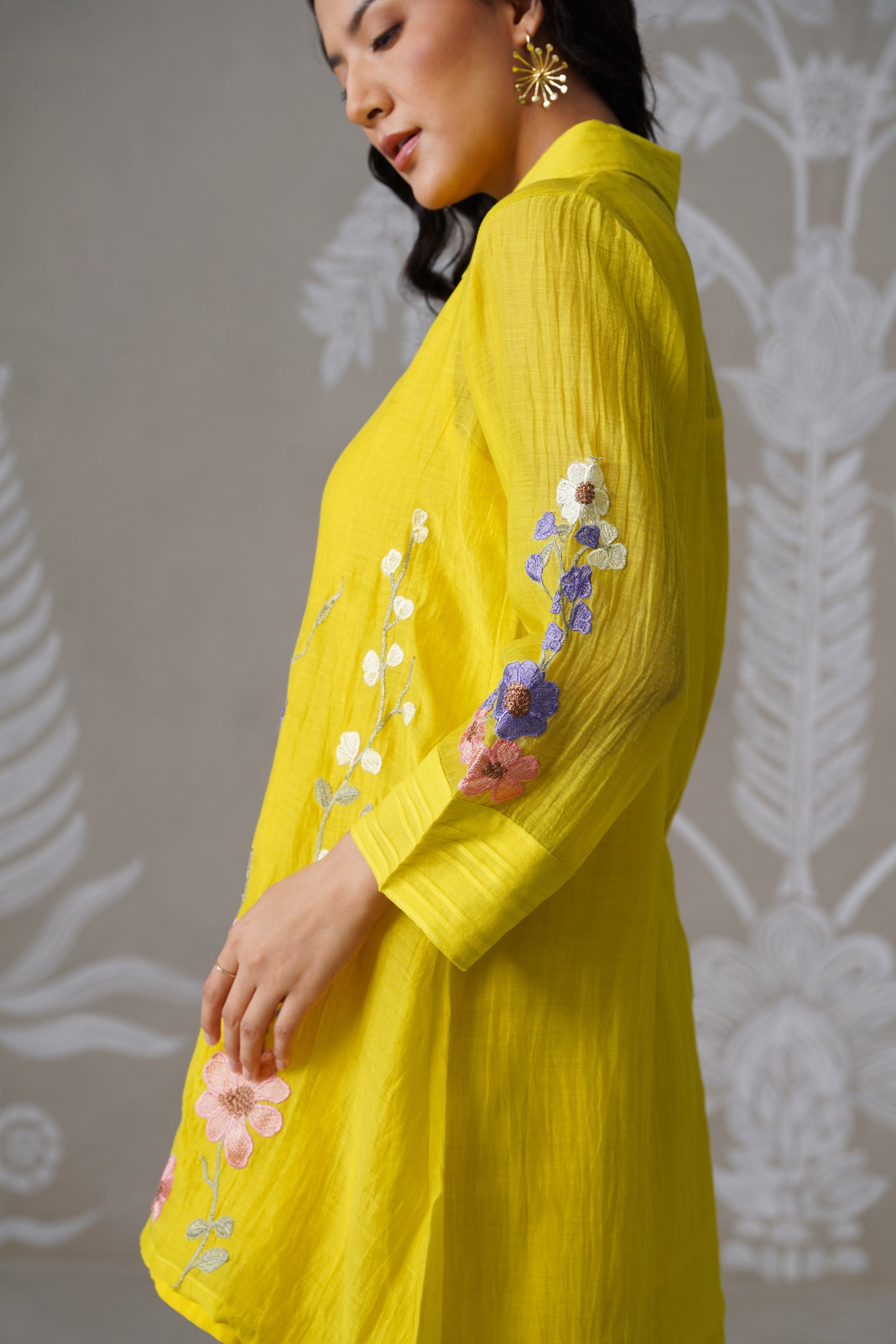 Meherban Lemon Mul Chanderi Applique Work Co-ord Set