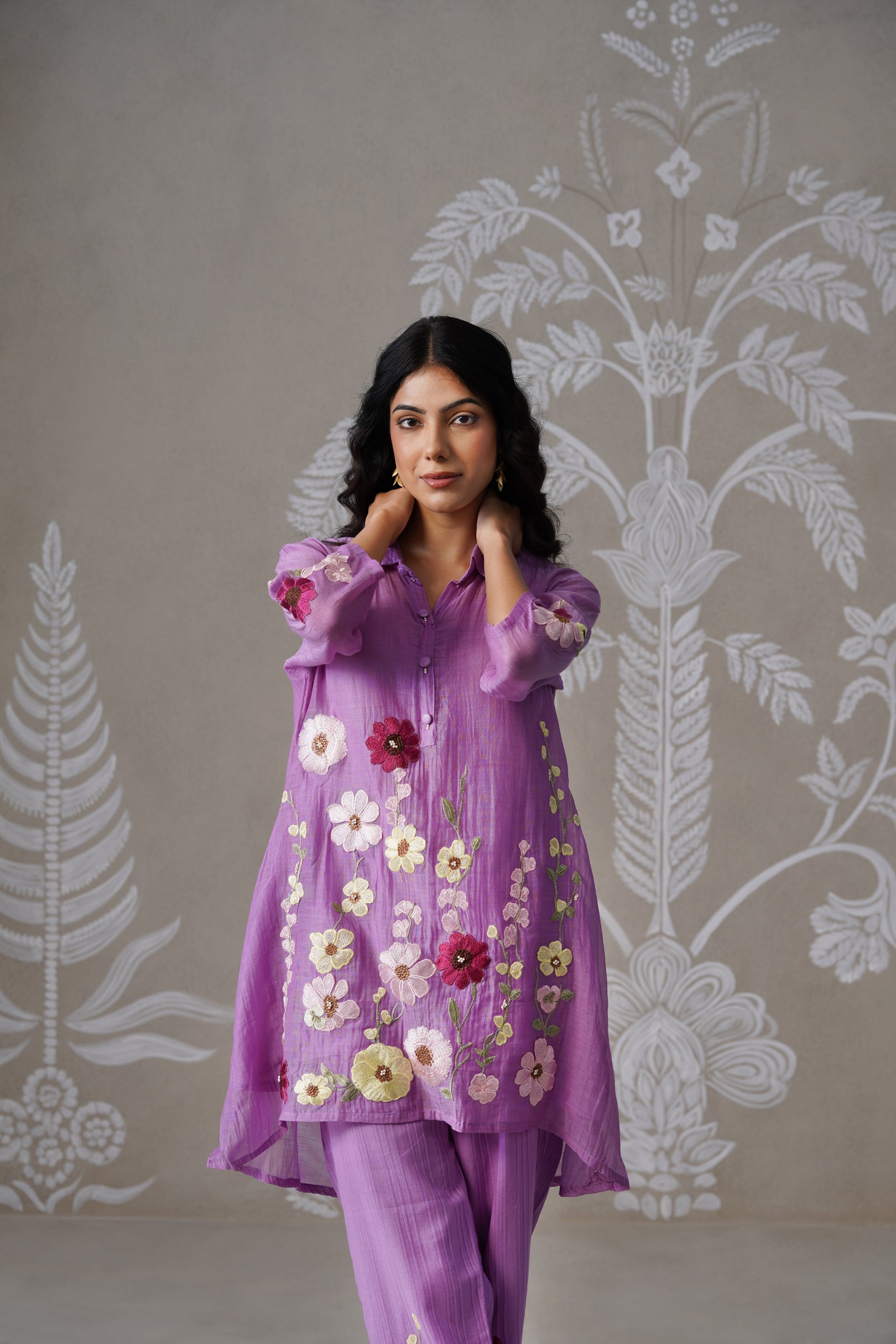Meherban Purple Mul Chanderi Applique Work Co-ord Set