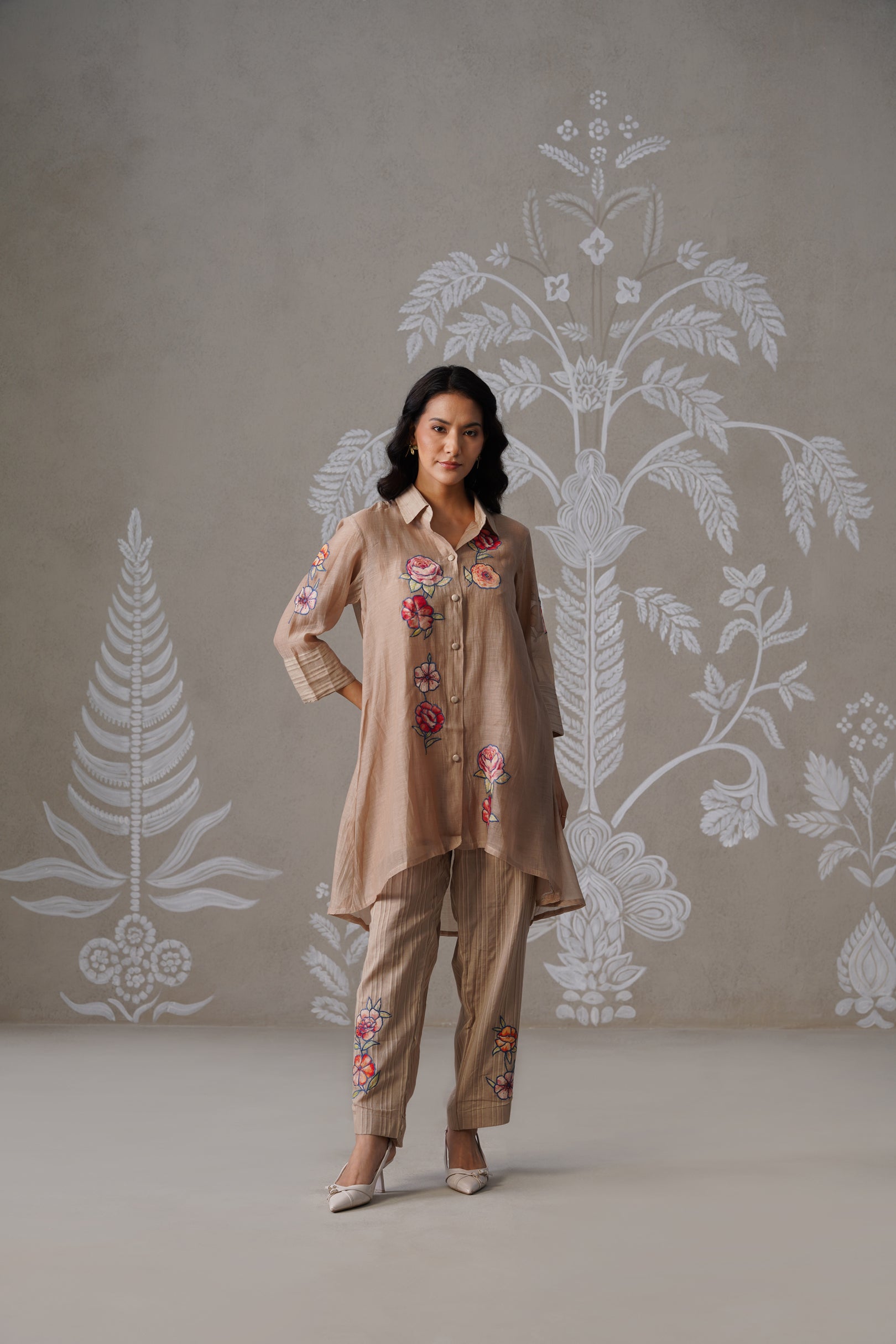 Meherban Bronze Mul Chanderi Print Applique Co-ord Set