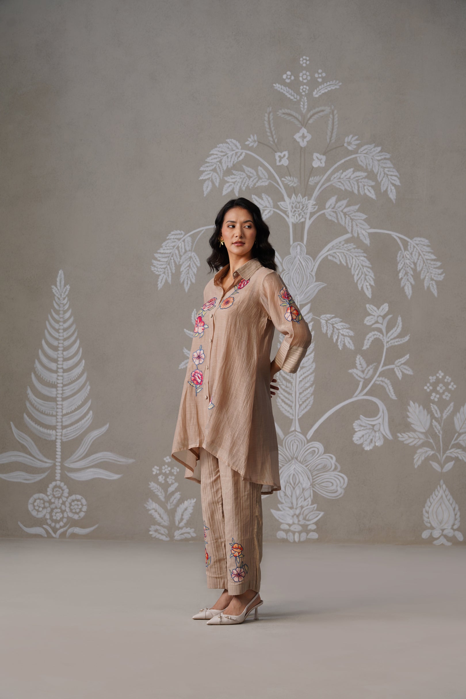 Meherban Bronze Mul Chanderi Print Applique Co-ord Set