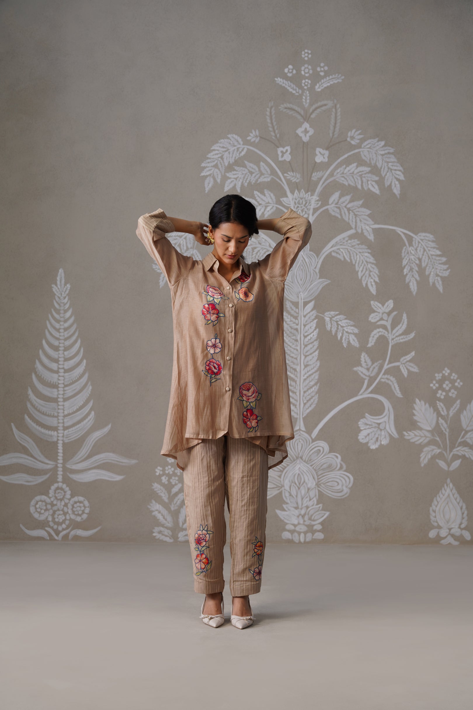 Meherban Bronze Mul Chanderi Print Applique Co-ord Set