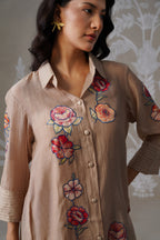Meherban Bronze Mul Chanderi Print Applique Co-ord Set