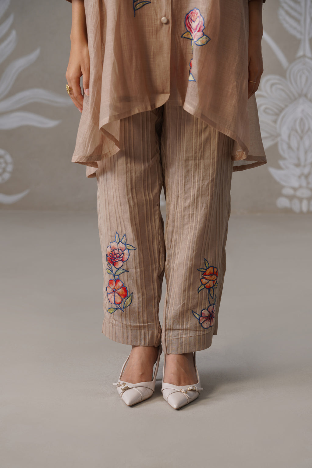 Meherban Bronze Mul Chanderi Print Applique Co-ord Set