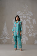 Meherban Aqua Mul Chanderi Print Applique Co-ord Set