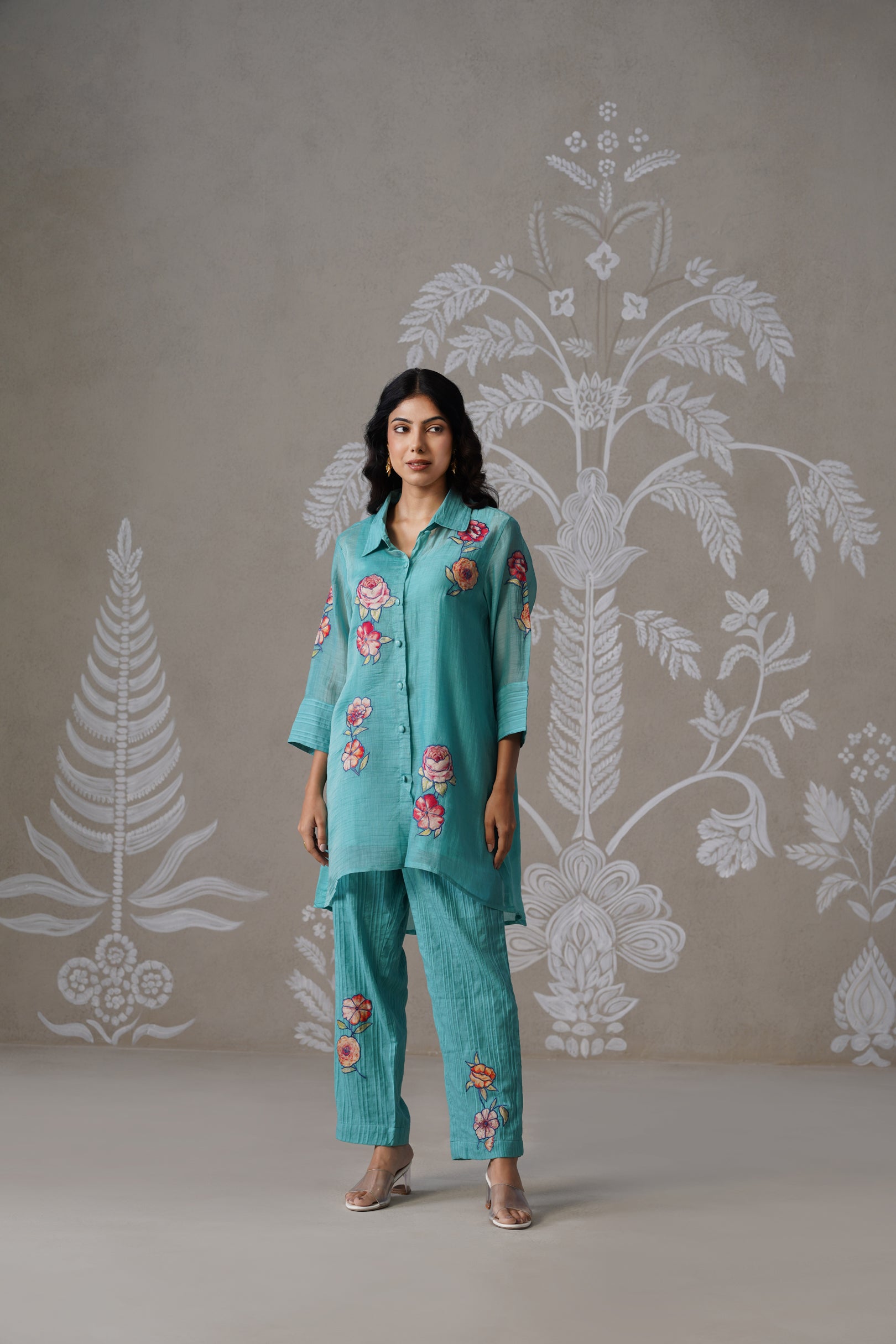 Meherban Aqua Mul Chanderi Print Applique Co-ord Set