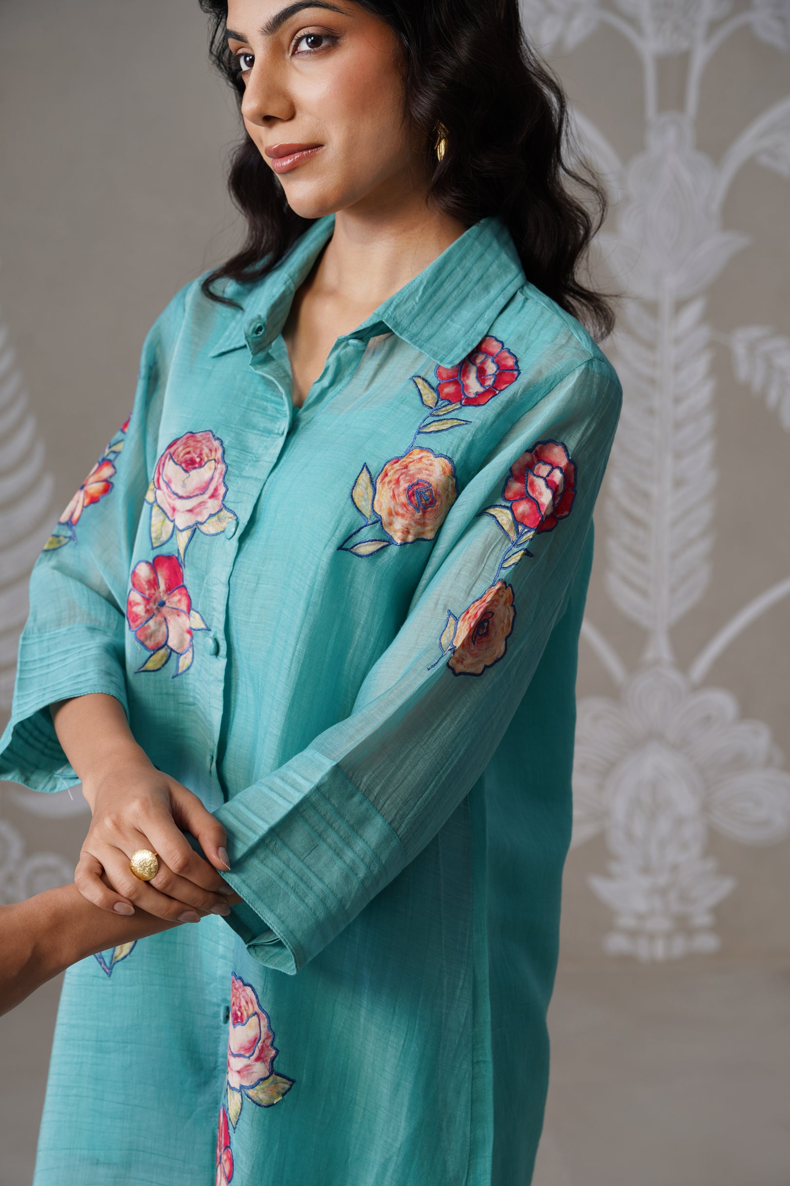 Meherban Aqua Mul Chanderi Print Applique Co-ord Set
