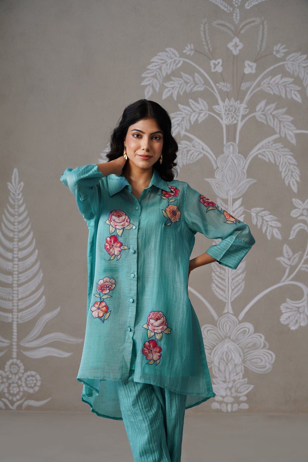 Meherban Aqua Mul Chanderi Print Applique Co-ord Set
