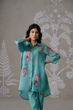 Meherban Aqua Mul Chanderi Print Applique Co-ord Set