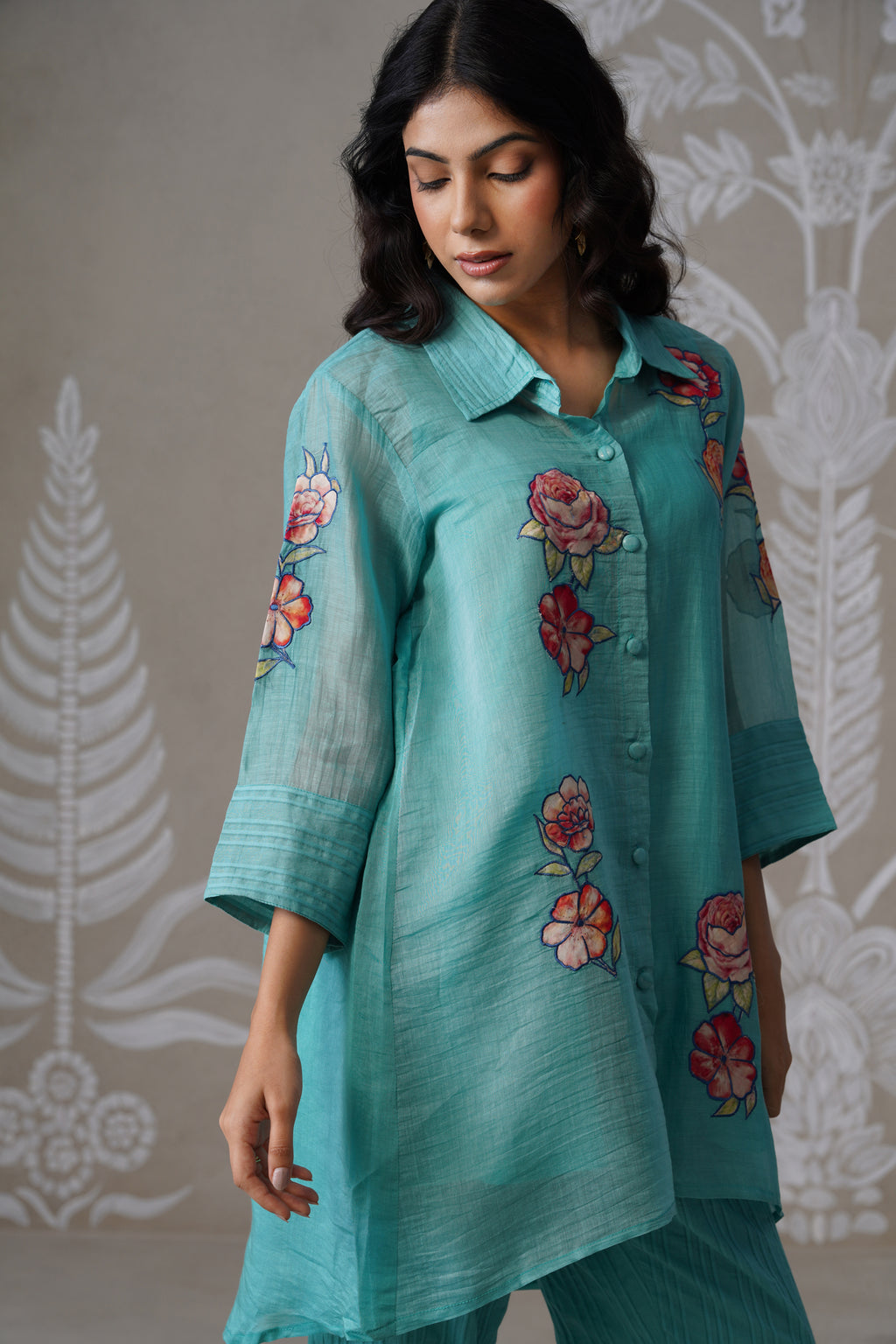 Meherban Aqua Mul Chanderi Print Applique Co-ord Set