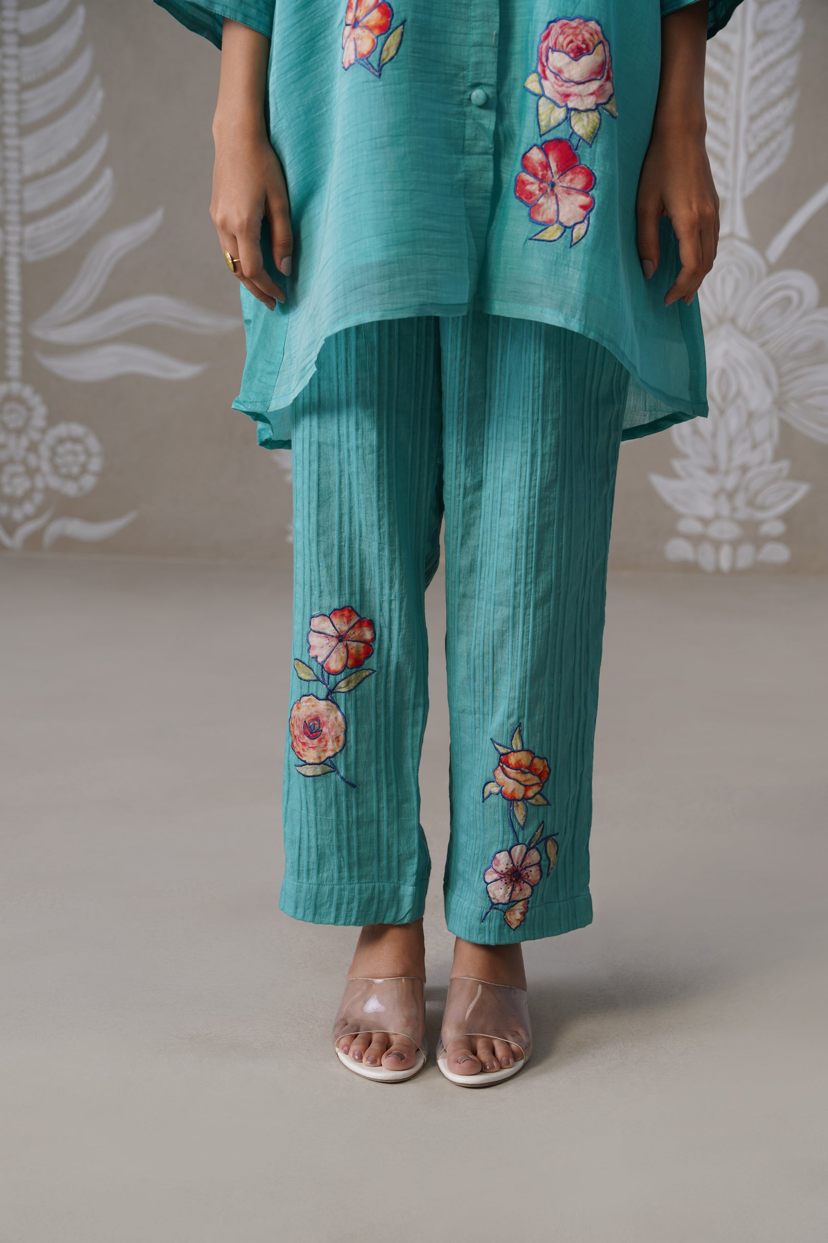 Meherban Aqua Mul Chanderi Print Applique Co-ord Set