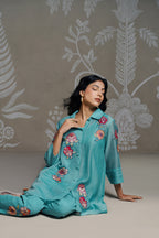 Meherban Aqua Mul Chanderi Print Applique Co-ord Set