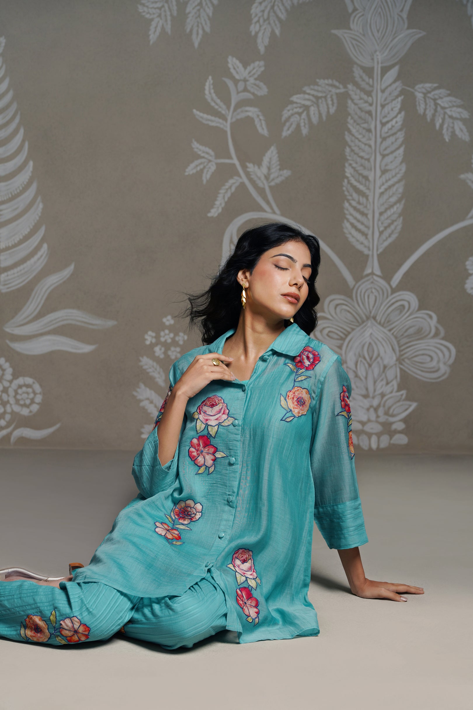 Meherban Aqua Mul Chanderi Print Applique Co-ord Set