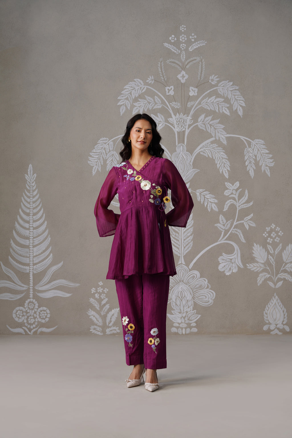 Meherban Wine Mul Chanderi Angrakha Co-ord Set