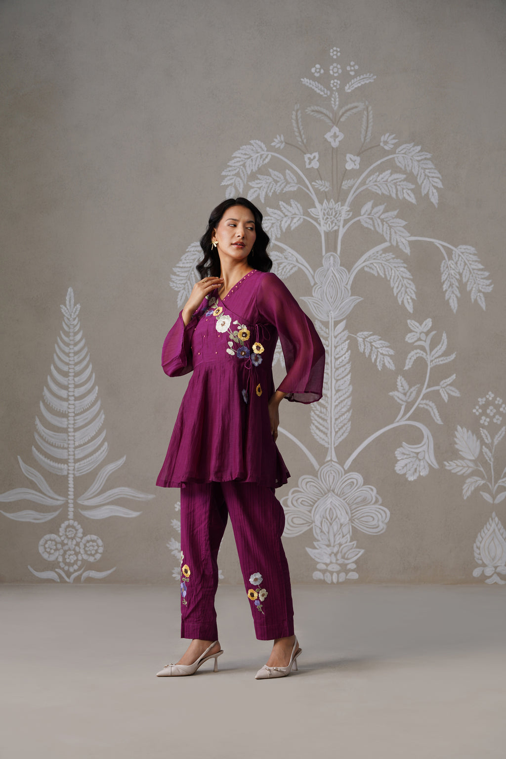 Meherban Wine Mul Chanderi Angrakha Co-ord Set