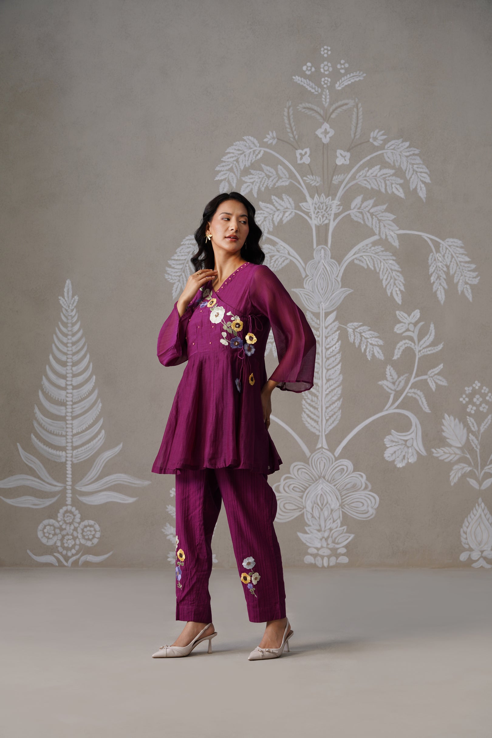 Meherban Wine Mul Chanderi Angrakha Co-ord Set
