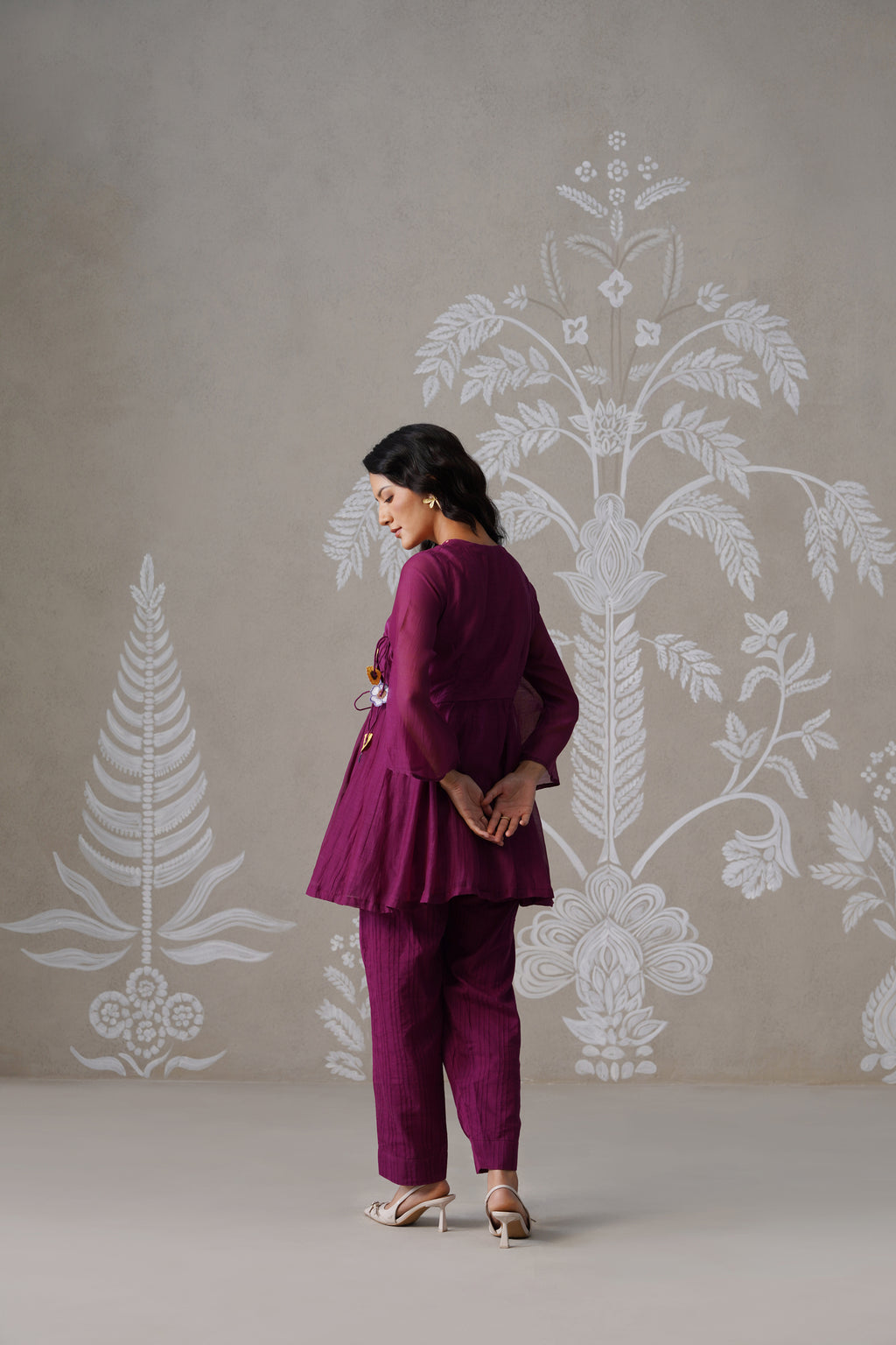 Meherban Wine Mul Chanderi Angrakha Co-ord Set