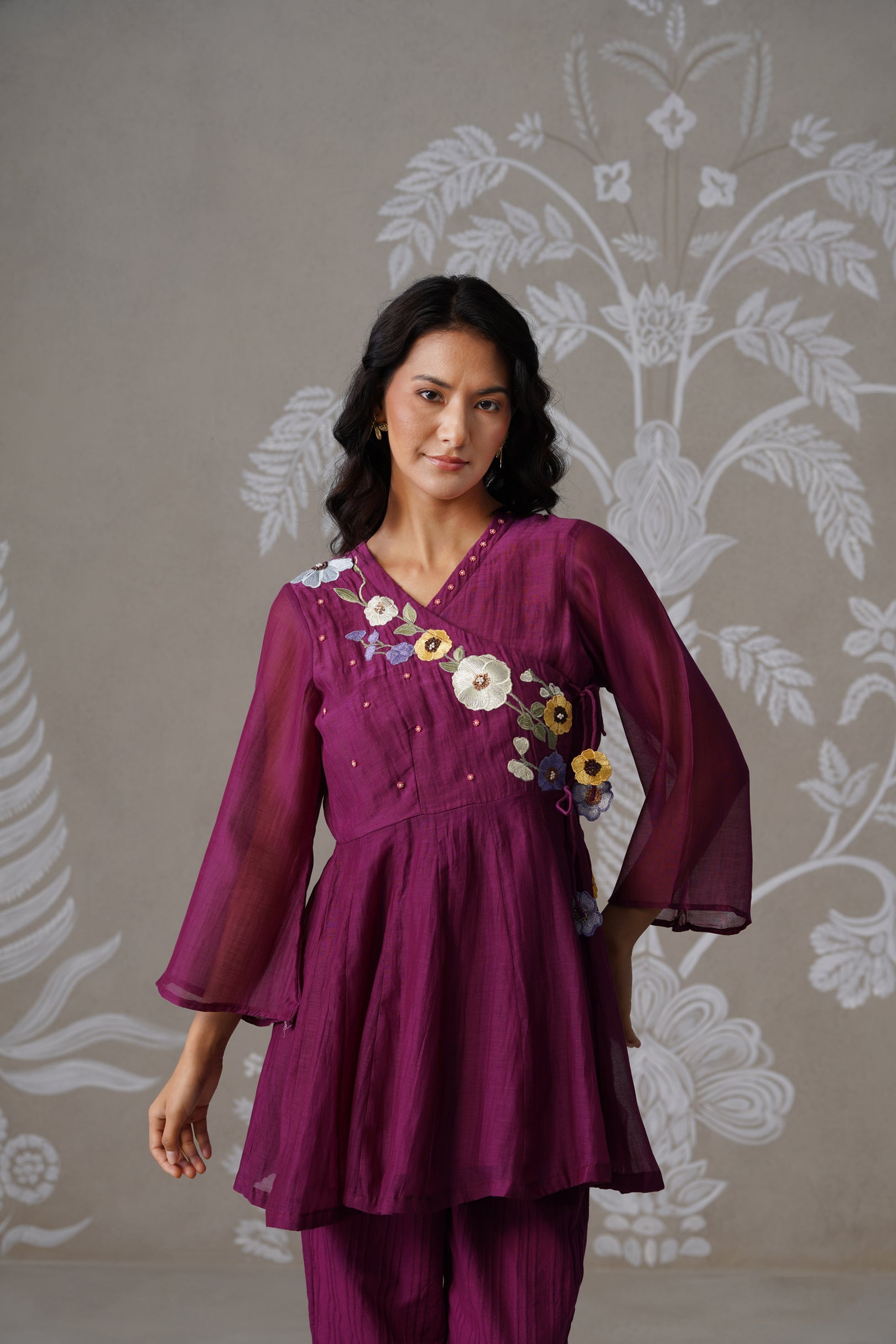 Meherban Wine Mul Chanderi Angrakha Co-ord Set