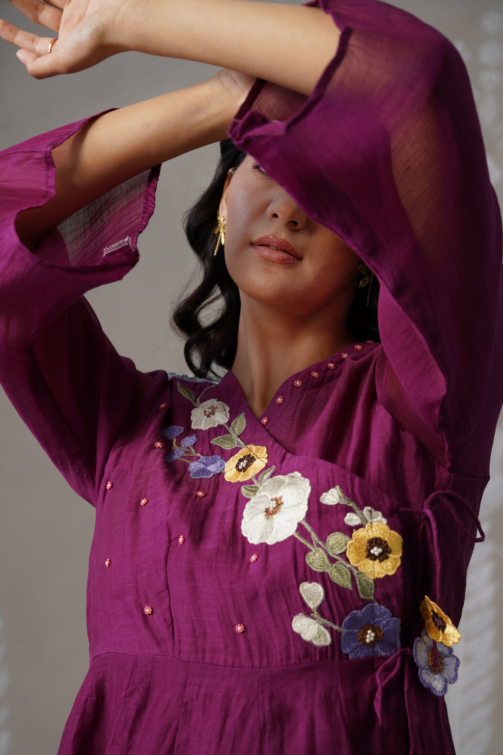 Meherban Wine Mul Chanderi Angrakha Co-ord Set