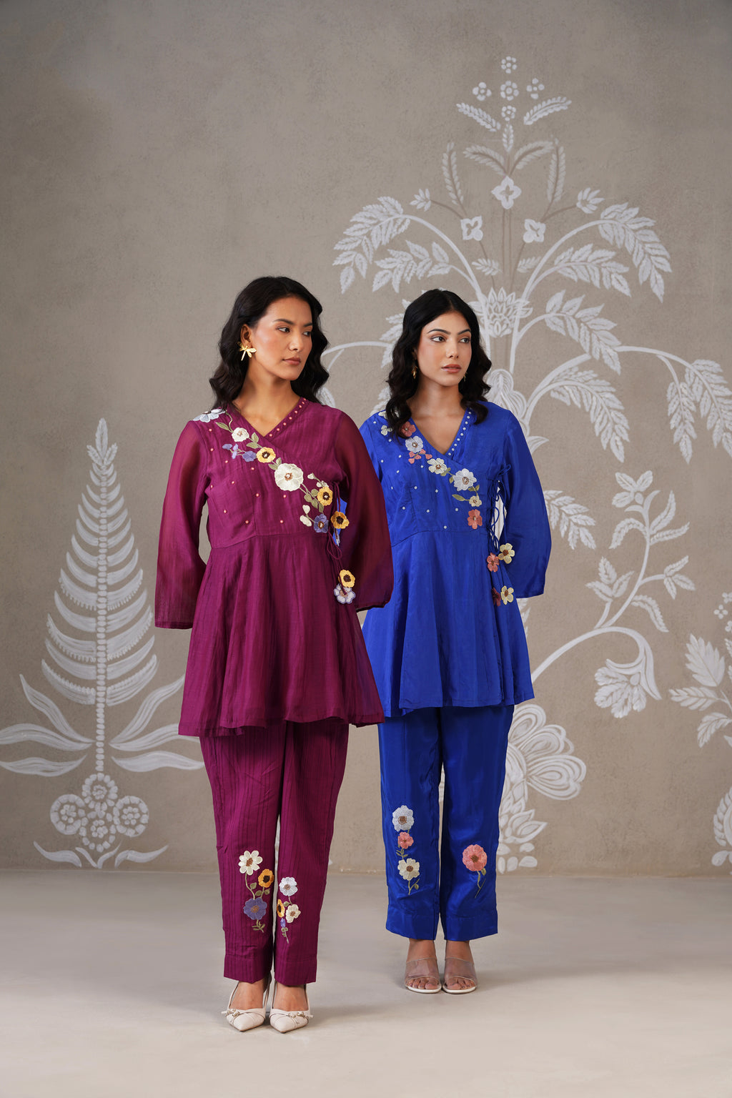 Meherban Wine Mul Chanderi Angrakha Co-ord Set