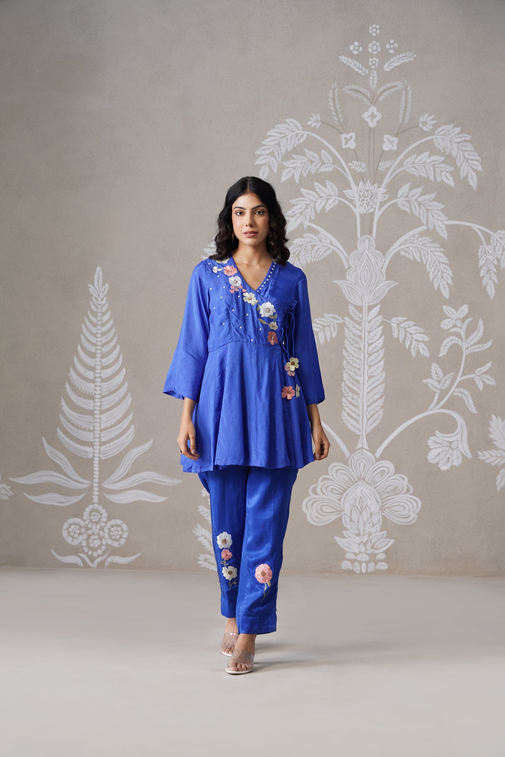 Meherban Blue Mul Chanderi Angrakha Co-ord Set