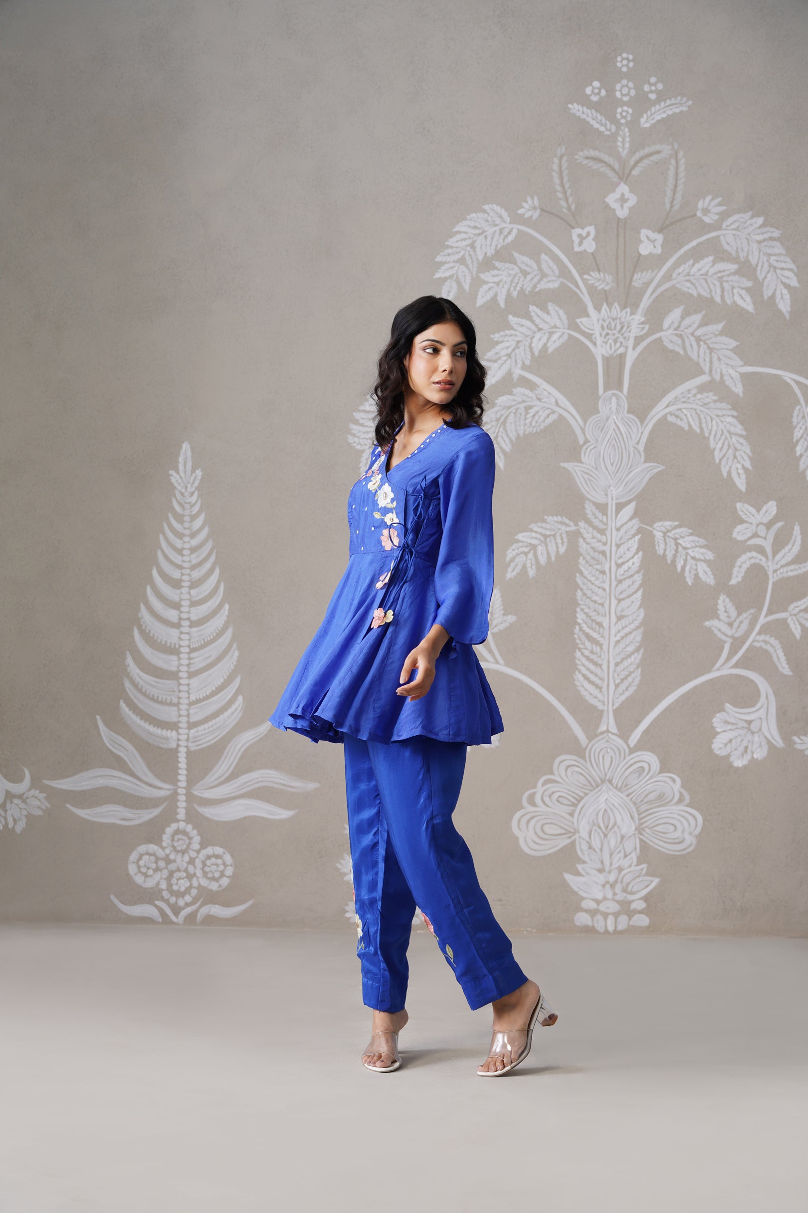 Meherban Blue Mul Chanderi Angrakha Co-ord Set