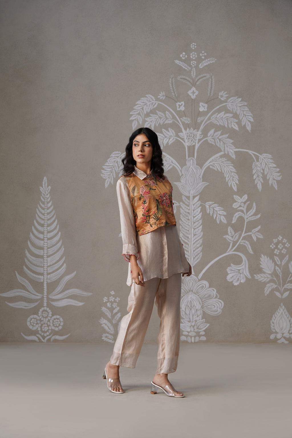 Meherban Crushed Tissue Orange Printed Short Jacket Set