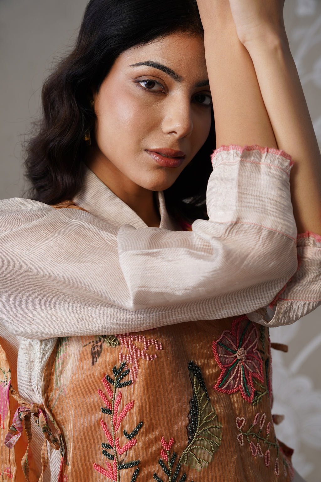 Meherban Crushed Tissue Orange Printed Short Jacket Set