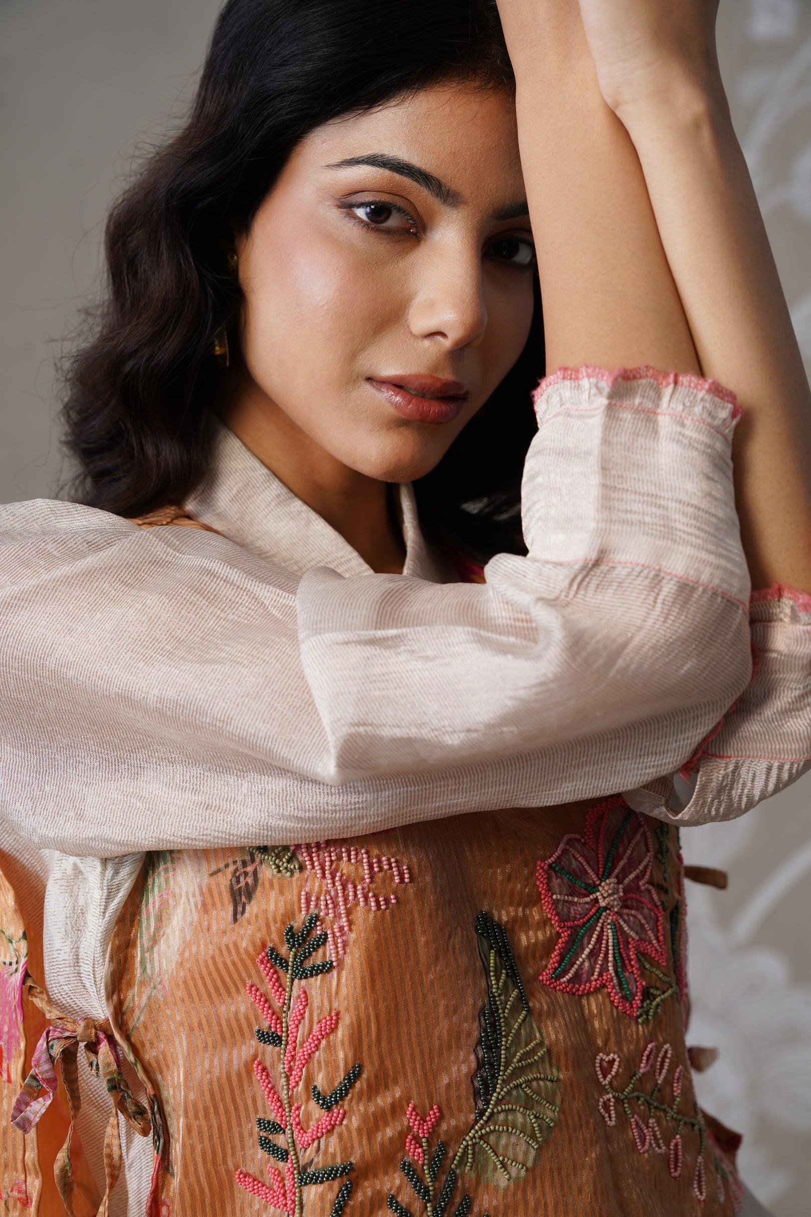 Meherban Crushed Tissue Orange Printed Short Jacket Set