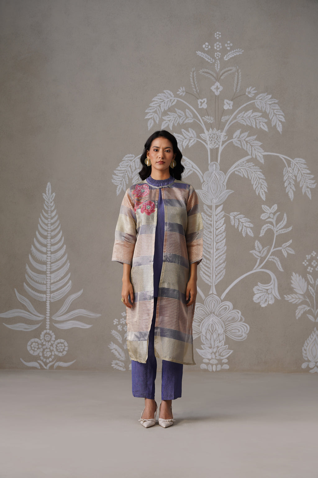 Meherban Blue Tissue Long Jacket Set