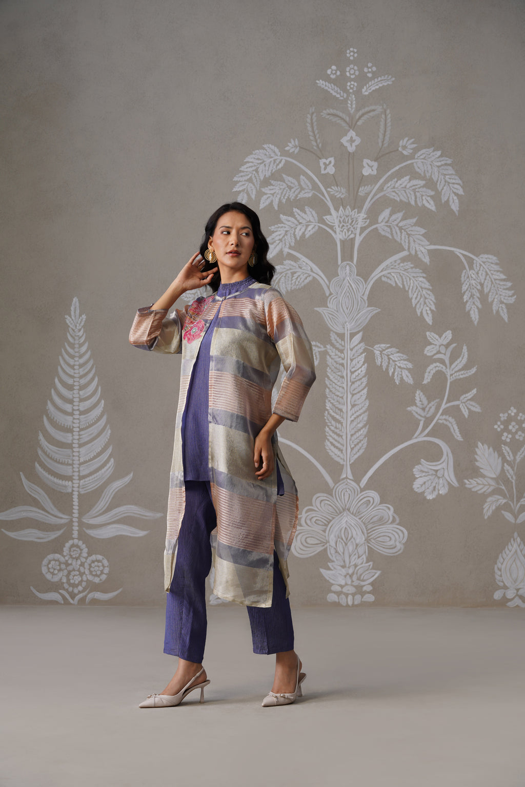 Meherban Blue Tissue Long Jacket Set