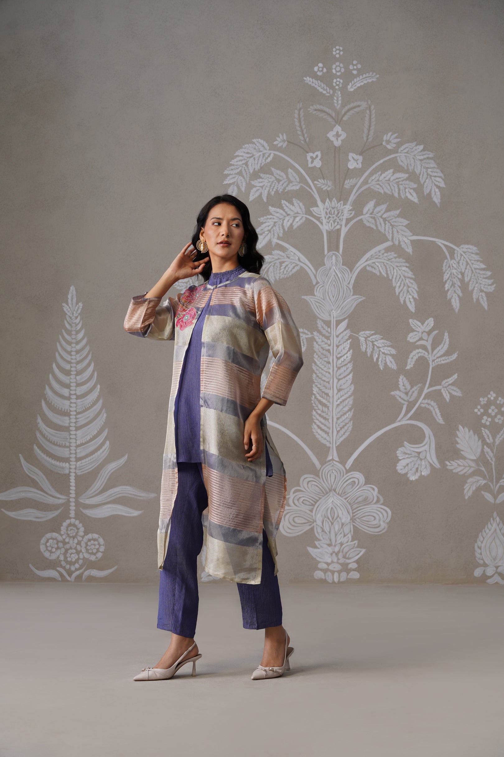 Meherban Blue Tissue Long Jacket Set