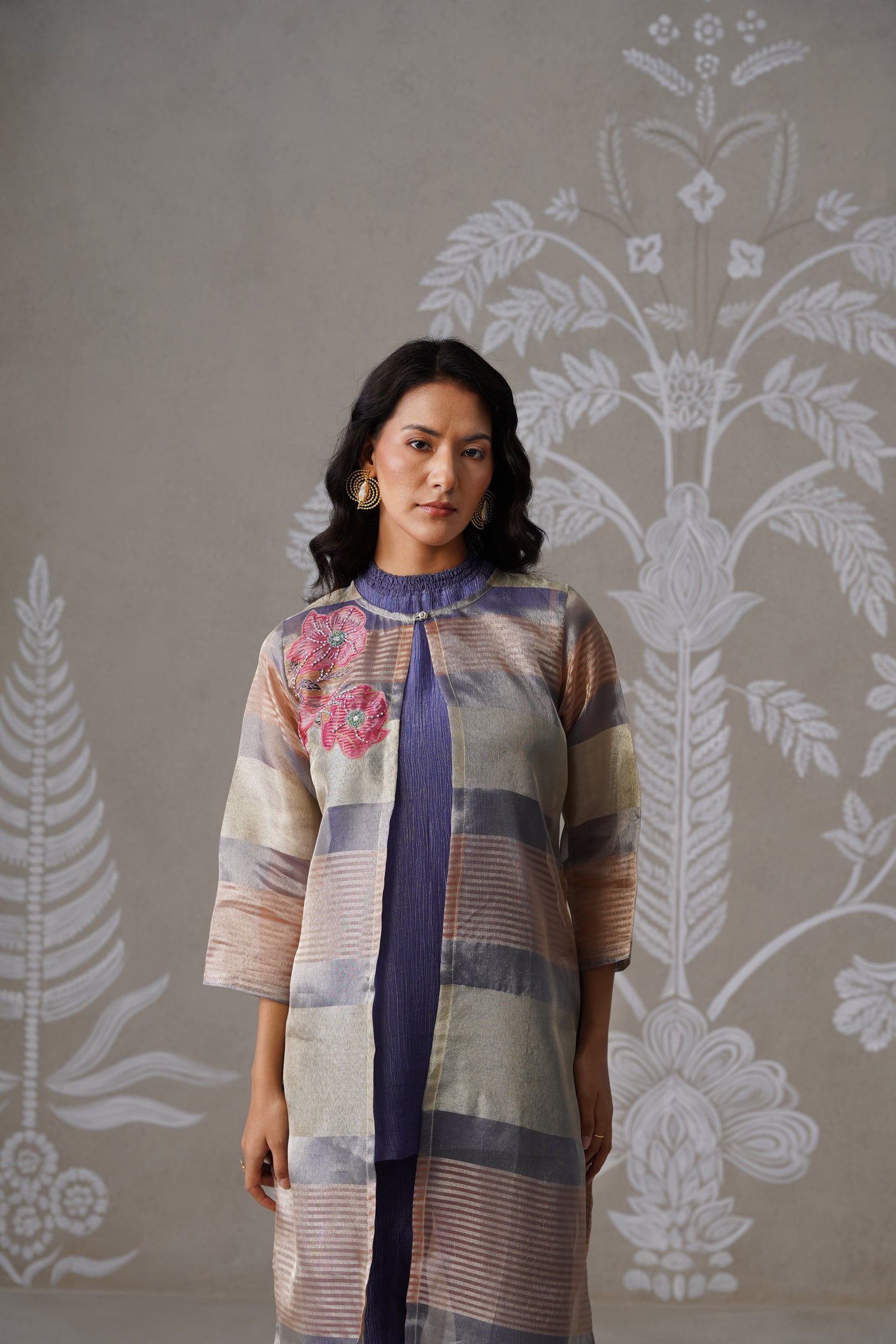 Meherban Blue Tissue Long Jacket Set