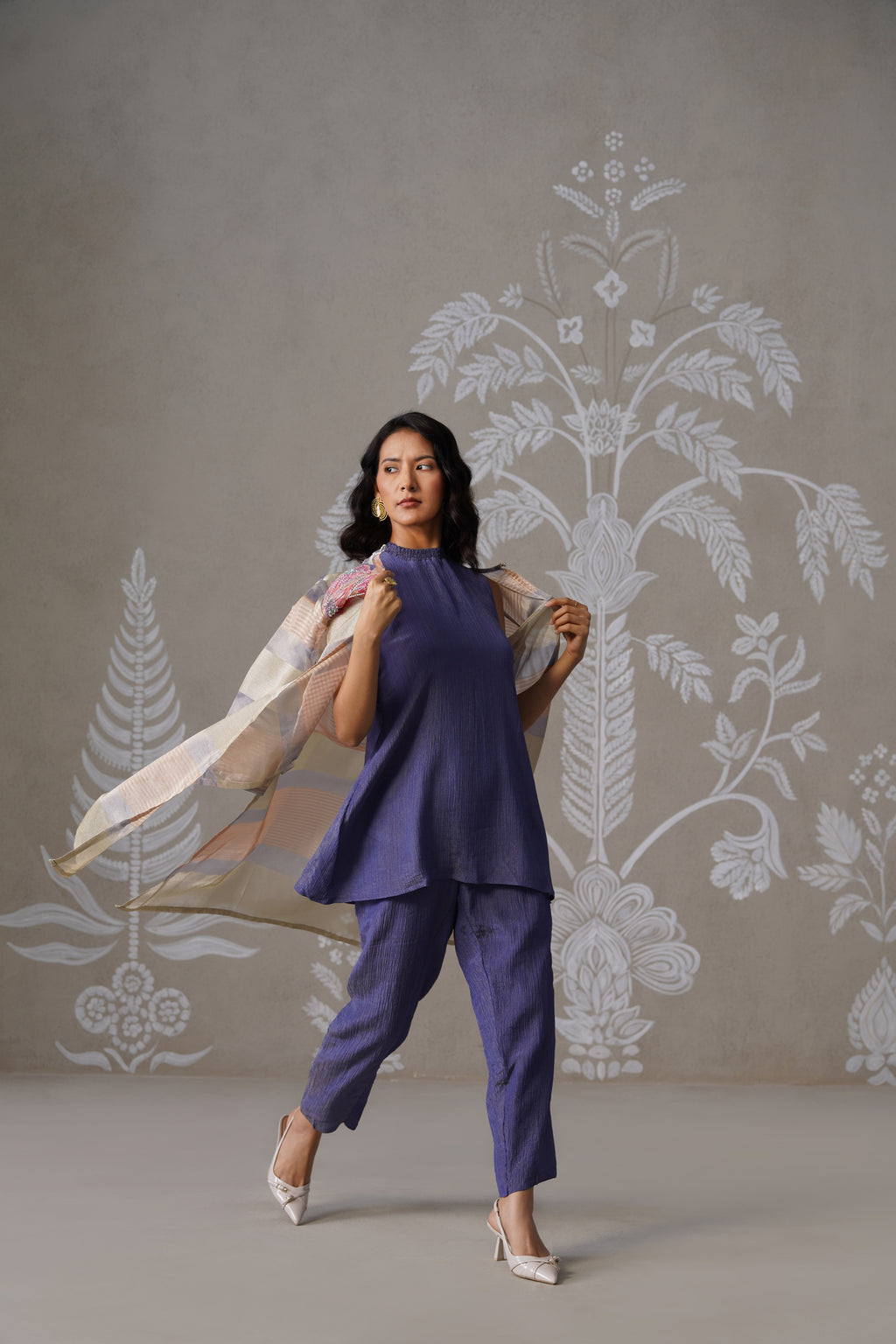 Meherban Blue Tissue Long Jacket Set