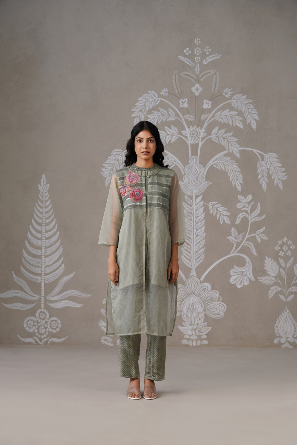 Meherban Green Organza Long Jacket Set