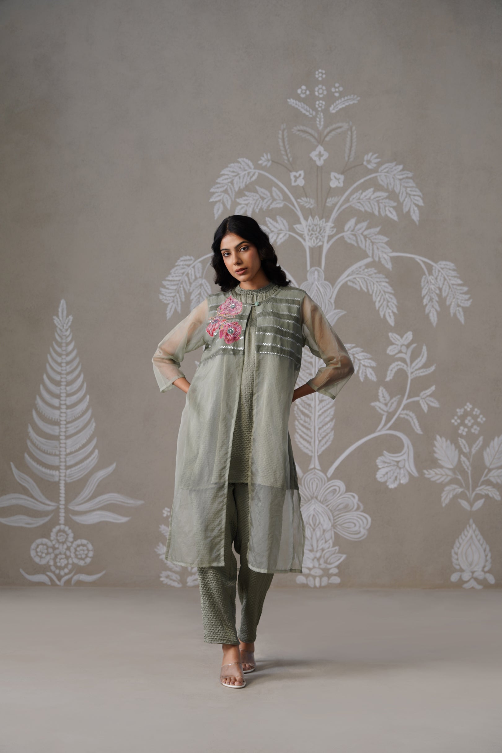 Meherban Green Organza Long Jacket Set