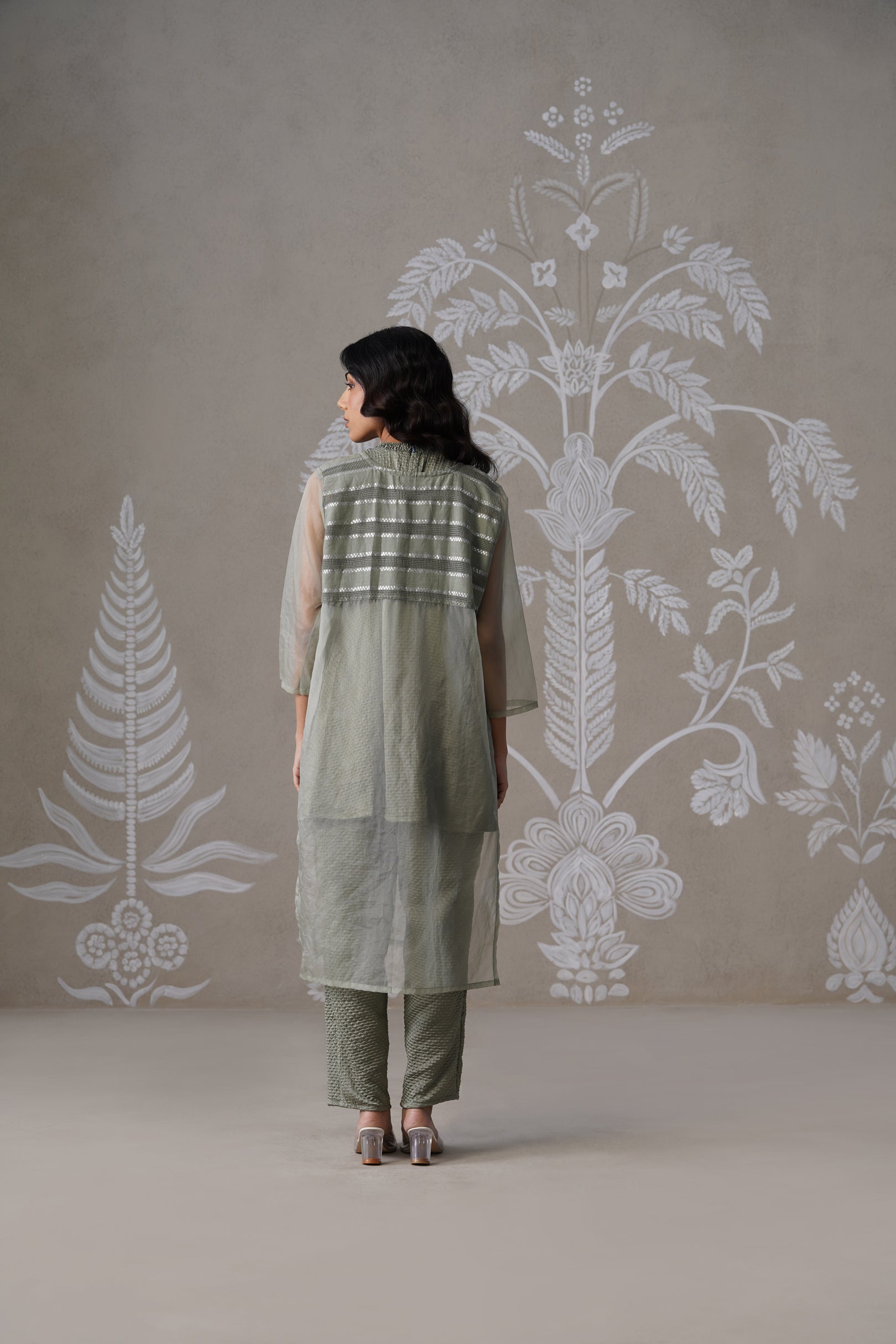 Meherban Green Organza Long Jacket Set