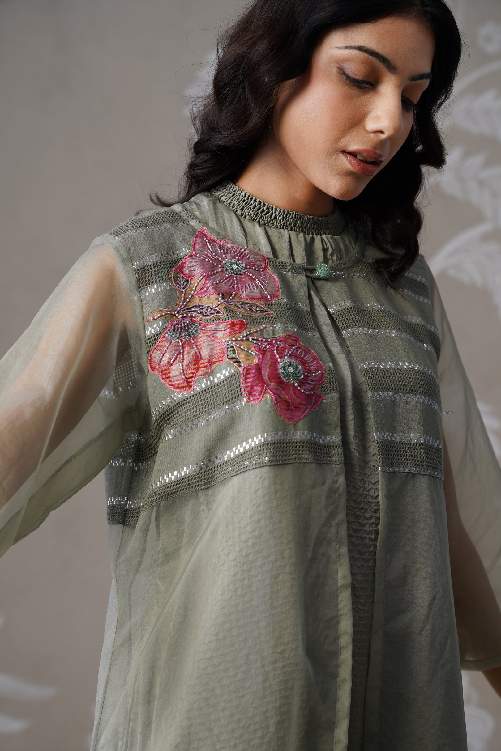 Meherban Green Organza Long Jacket Set
