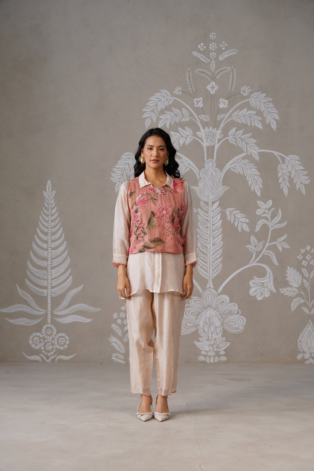 Meherban Crushed Tissue Pink Printed Short Jacket Set